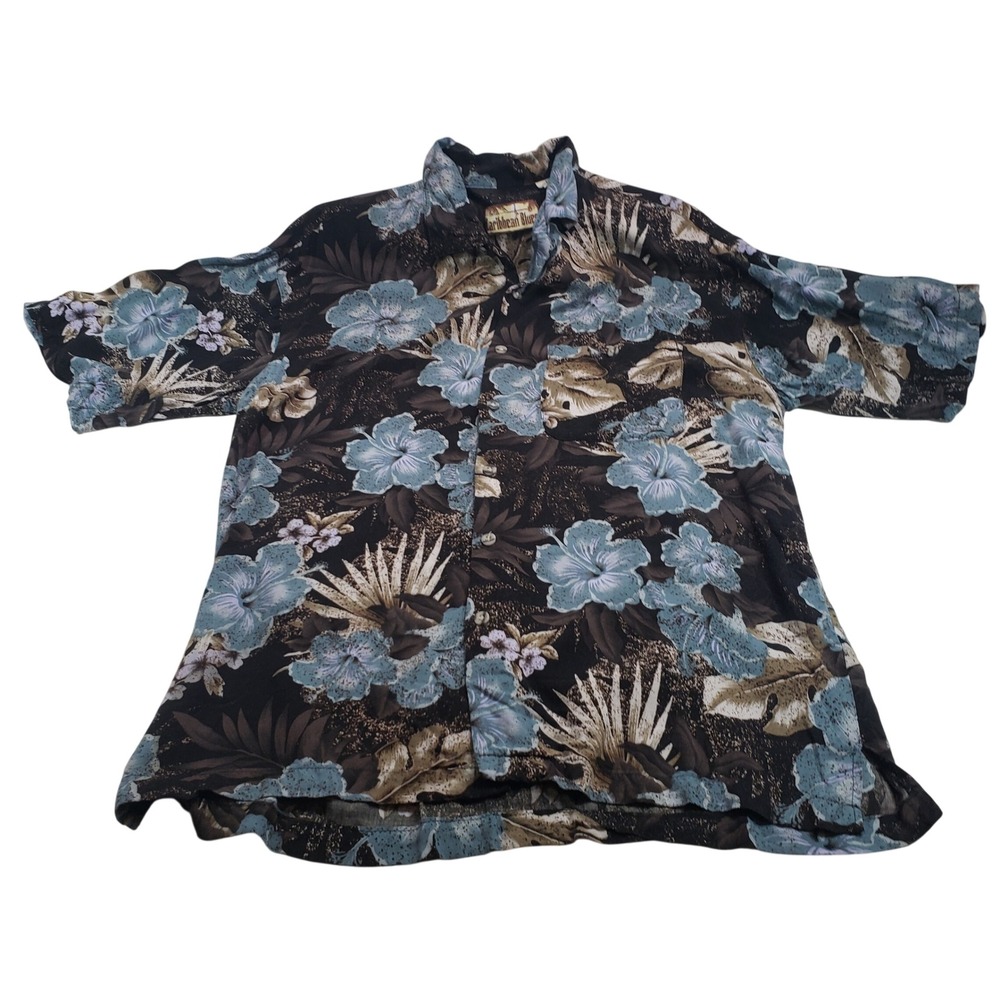 Caribbean Blues Mens Hawaiian‎ Shirt Large Blue Floral Rayon Short Sleeve